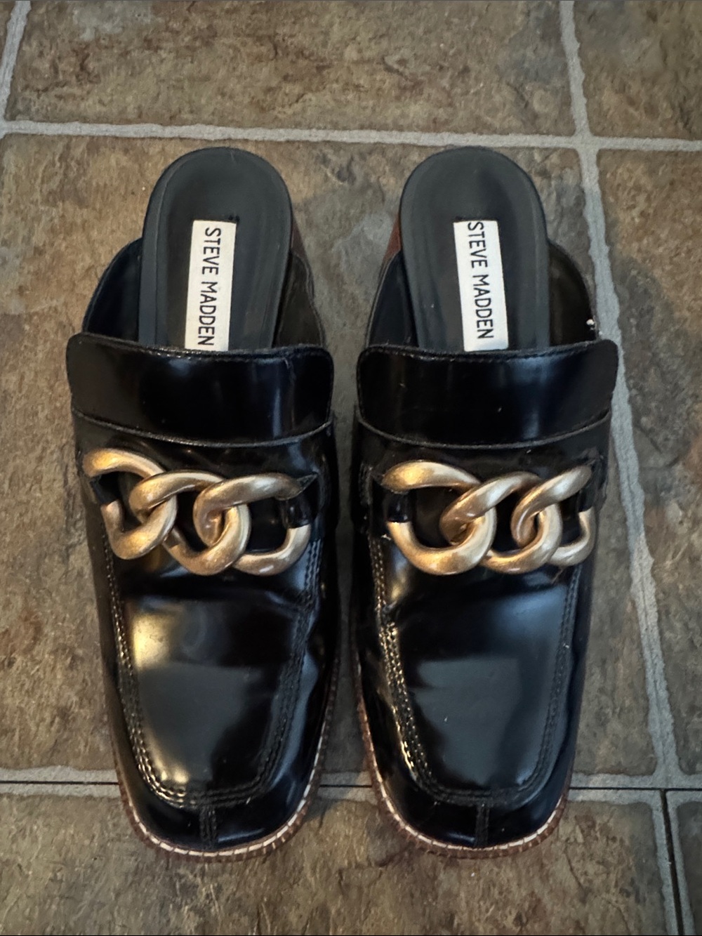 Steve Madden Black Patent Chain-Embellished Mules